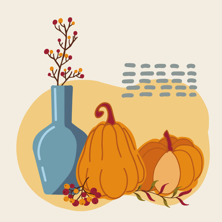 Cozy autumn illustration with blue vase and two orange pumpkins on yellow background. Perfect for seasonal decor, posters, packaging, social mediaのイラスト素材