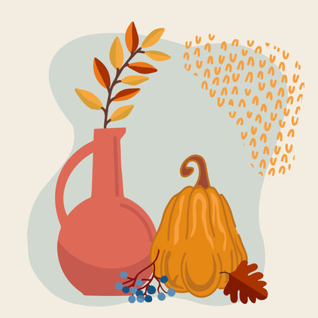 Bright autumn composition with pumpkin and pink ceramic vase on soft gray background. Perfect for seasonal illustrations, invitations, packaging and advertising graphicsのイラスト素材