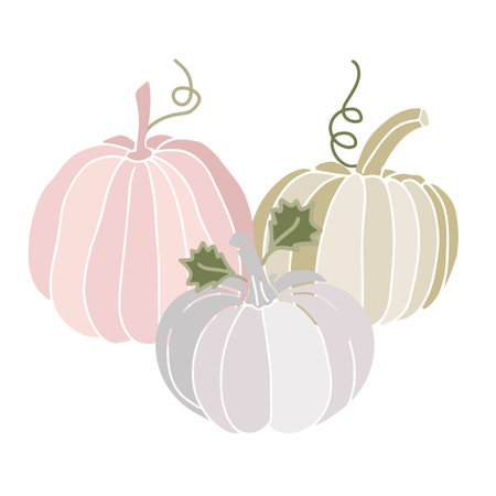 Aesthetic illustration of three pastel pumpkins in blush pink, ivory, and beige tones. Ideal for autumn-themed cards, seasonal invitations, Thanksgiving prints, or cozy fall designsのイラスト素材