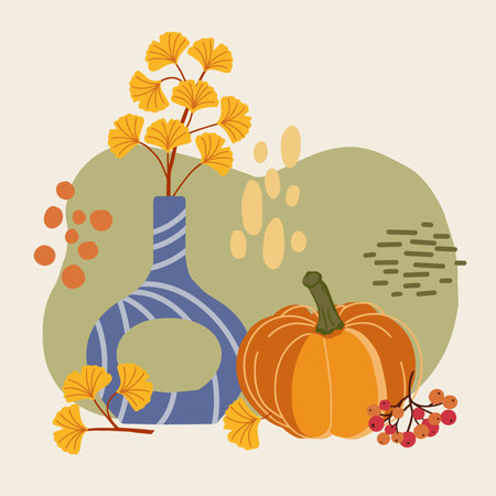 Vector illustration of a cozy autumn still life featuring a blue vase with yellow leaves, orange pumpkin, and berries. Great for seasonal greeting cards, posters, blogs, or web decor elementsのイラスト素材