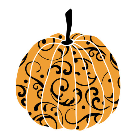 Decorative orange pumpkin with black abstract ornament. Flat vector seasonal illustration for autumn harvest, Halloween, Thanksgiving, and festive projects.のイラスト素材