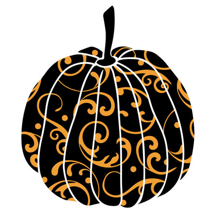 Decorative black pumpkin with orange abstract ornament. Flat vector seasonal illustration for autumn harvest, Halloween, Thanksgiving, and festive projects.のイラスト素材
