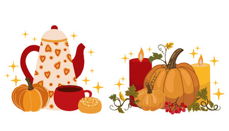 Flat vector autumn illustration: teapot with coffee cup, two pumpkins with green vines, bun, rowan berries and candles.のイラスト素材