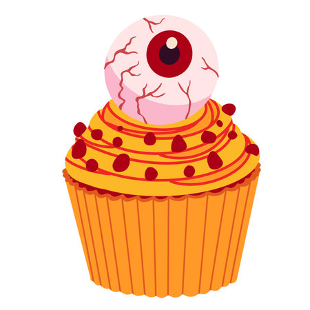 Creepy Halloween cupcake with orange icing decorated with a jelly red eye. Flat vector sweet illustration for autumn holiday party banners.のイラスト素材