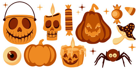 Flat vector Halloween illustration of decorative set with pumpkins, candles, candies, eyeball, spider and mushroom in warm orange-brown tones. Perfect for banners, posters, cards, and packaging.のイラスト素材