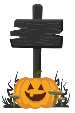 Flat vector Halloween composition with black wooden signboard on stick, large pumpkin and toxic mushrooms. Great for spooky cards, invitations, and banners.のイラスト素材