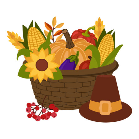 Flat vector illustration of wicker basket filled with harvest, rowan berries and pilgrim hat. Perfect for Thanksgiving banners, cards and festive decor.のイラスト素材