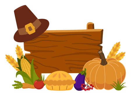 Wooden sign with blank space for text, decorated with colorful autumn vegetables. Perfect for banners, invitations, cards, and seasonal holiday designs.のイラスト素材