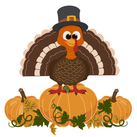 Cute turkey wearing pilgrim hat standing on large orange pumpkin. Perfect for Thanksgiving cards, banners, and festive invitations.のイラスト素材