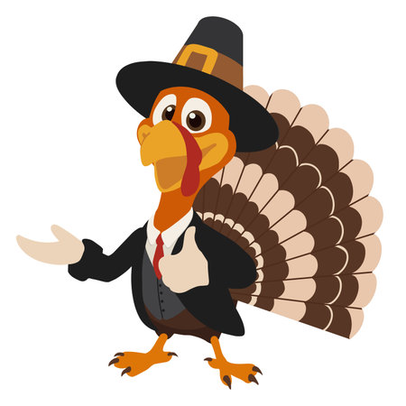 Cute and cheerful turkey wearing pilgrim hat and black jacket. Perfect illustration for Thanksgiving banners, greeting cards, invitations, and festive promotional designs.のイラスト素材