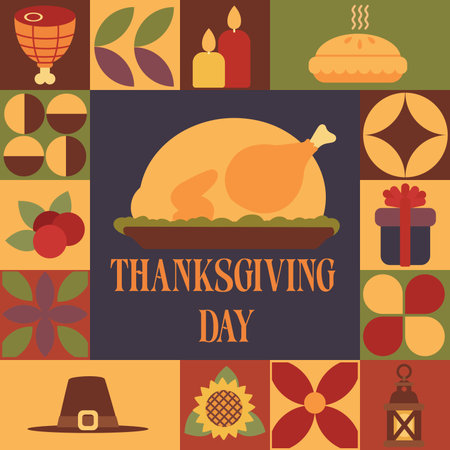 Baked holiday turkey surrounded by geometric shapes and autumn harvest elements on an abstract square Bauhaus background. Perfect for Thanksgiving design and seasonal decoration.のイラスト素材