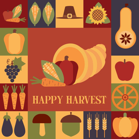 Cornucopia surrounded by geometric shapes and seasonal fruits in a colorful abstract Bauhaus composition. Ideal for Thanksgiving cards, posters, and design projects.のイラスト素材