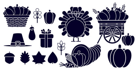 Flat black collection of Thanksgiving icons including turkey, pilgrim hat, cornucopia, wagon, pumpkins, and autumn leaves. Ideal for banners and invitations.のイラスト素材