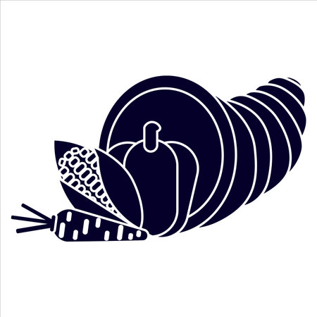 Silhouette of cornucopia filled with vegetables and fruits, classic Thanksgiving symbol. Ideal for seasonal cards, labels, and festive designs.のイラスト素材