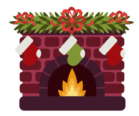 Christmas fireplace decorated with fir branches, red ribbons, and colorful stockings. Perfect for holiday cards, posters, and ads.のイラスト素材