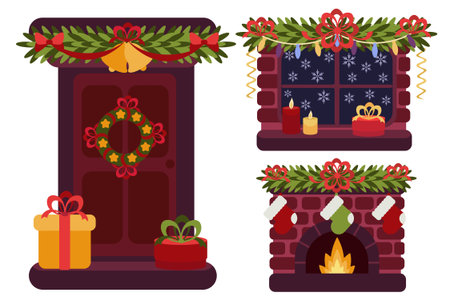 Festive set with decorated door, window and fireplace adorned with gifts, candles, garlands, bells and Christmas stockings. Perfect for holiday banners, cards, invitations and promo designsのイラスト素材