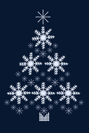 Elegant Christmas tree made of white snowflakes on dark blue background. Perfect vector element for holiday banners, greeting cards, invitations and festive designのイラスト素材