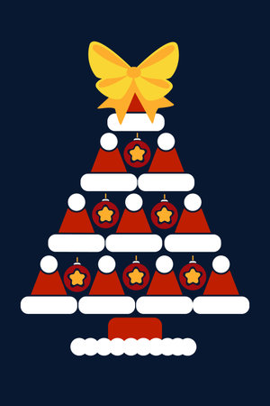 Christmas tree made of Santa hats with ornaments and yellow bow, perfect for Christmas designs, cards, banners and seasonal decorのイラスト素材
