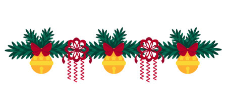 Holiday garland illustration featuring pine branches with round bells and red bows, ideal for Christmas cards, banners, invitations, and festive design projectsのイラスト素材