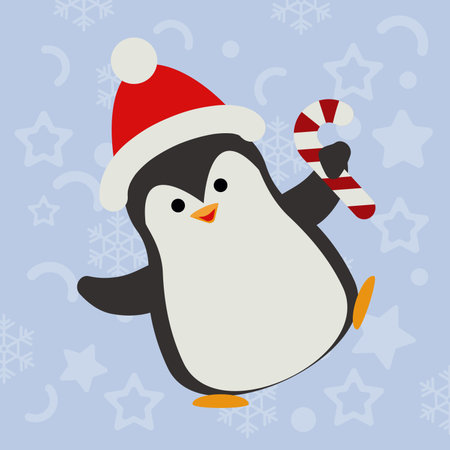 Cute dancing penguin in Santa hat holding red and white candy cane. Festive winter vector illustration perfect for Christmas cards, banners, invitations, and holiday designsのイラスト素材