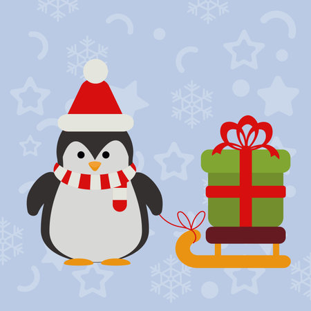 Penguin in Santa hat and striped scarf pulling large Christmas gift on sled. Perfect for winter holiday cards, banners, invitations, and festive promotionsのイラスト素材