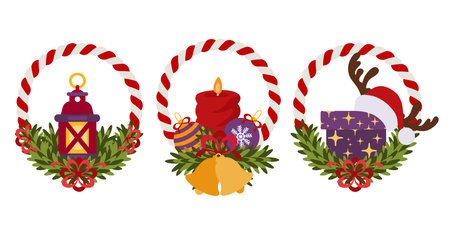 Set of round red and white candy cane frames decorated with Christmas elements. Perfect for holiday banners, greeting cards, invitations, and festive designsのイラスト素材