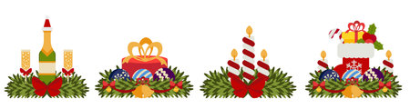 Festive Christmas wreaths decorated with candles, gift boxes, and champagne glasses. Perfect for holiday invitations, greeting cards, banners, and celebration designsのイラスト素材