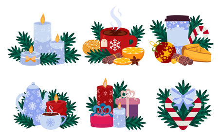 Set of cozy Christmas compositions with festive decorations, candles, gift boxes, and hot drinks. Ideal for winter banners, greeting cards, and holiday promotionsのイラスト素材