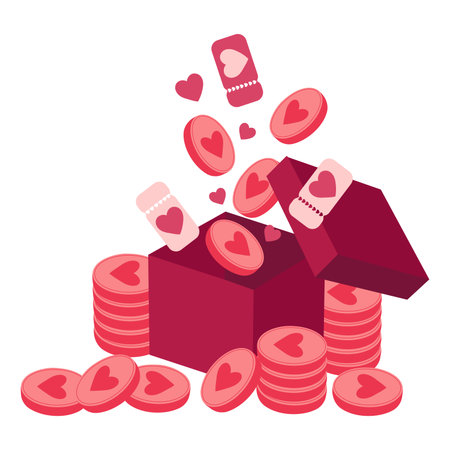 Valentines Day illustration of an open burgundy gift box with flying coupons and coins. Ideal for romantic sales, promotions, banners, advertisements and holiday campaignsのイラスト素材