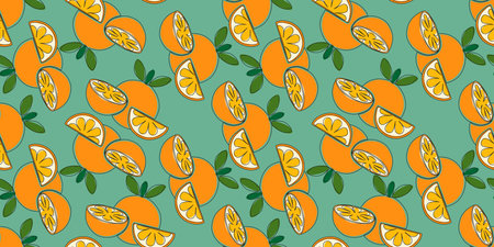 Seamless pattern featuring whole oranges, halves and slices on light background. Illustration ideal...