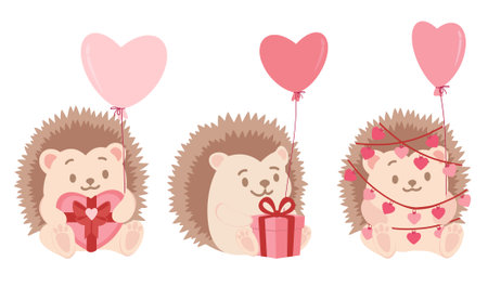 Cute Valentines Day illustration set with loving hedgehogs holding gifts, heart shaped balloons and heart light garland. Perfect for banners, greeting cards, invitations and romantic promotions.のイラスト素材