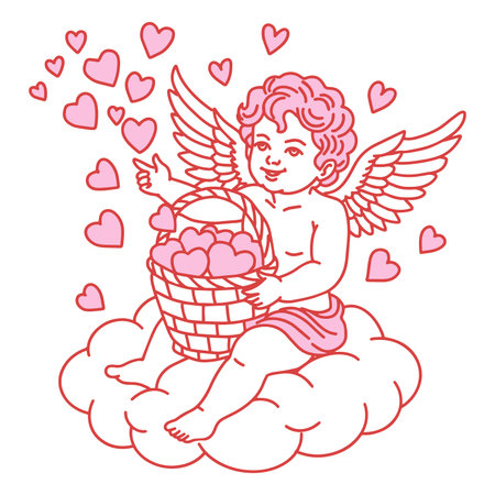 Minimalist illustration of playful Cupid sitting on cloud, holding basket of hearts and scattering...