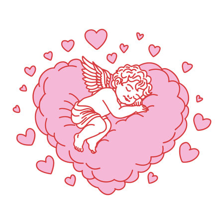 Minimalist illustration of sweet Cupid sleeping on heart shaped cloud with hearts floating around....