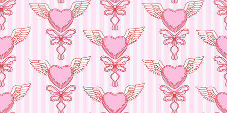 Seamless pattern with winged hearts and ribbon bows on pink and white striped background. Romantic repeating design for textile printing and Valentine decor.のイラスト素材