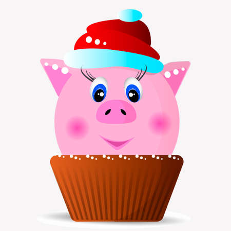 Pink pig in a red cap in a cupcake. Vector illustrationのイラスト素材