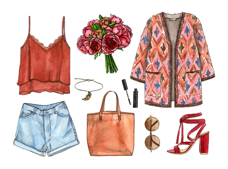 watercolor hand painting sketch fashion outfit, a set of clothes and accessories. bohol style. isolated elementsの写真素材