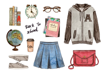Back to school. Hand painted watercolor fashion illustration of clothes, accessories and stationeryの写真素材