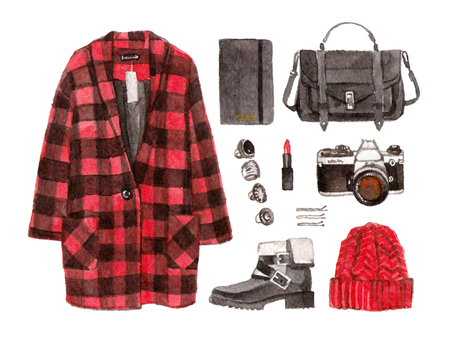 winter red coat. watercolor hand drawn sketch fashion outfit, a set of clothes and accessories. casual style. isolated elementsの写真素材