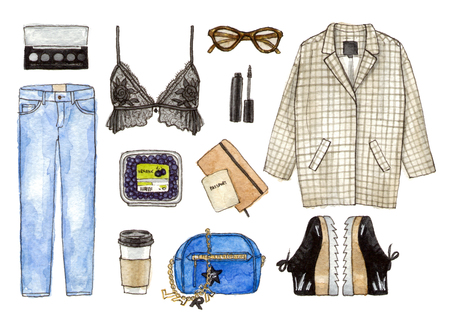 watercolor sketch fashion outfit, a set of clothes and accessories. casual style.の写真素材