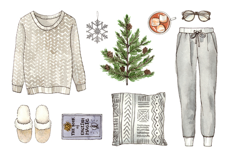 watercolor hand drawing sketch fashion outfit, a set of clothes and accessories. home style. isolated elementsの写真素材