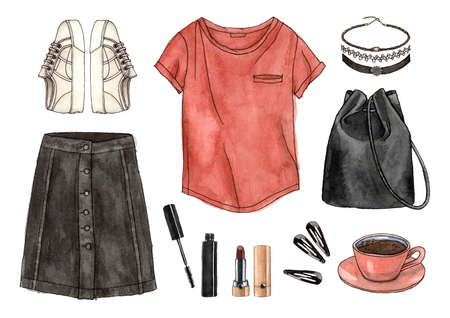 watercolor hand drawing sketch fashion outfit, a set of clothes and accessories. casual style. 90s old school style. isolated elementsの写真素材
