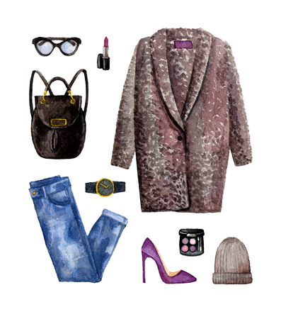 watercolor sketch fashion outfit, a set of clothes and accessories. casual style. isolated elementsの写真素材