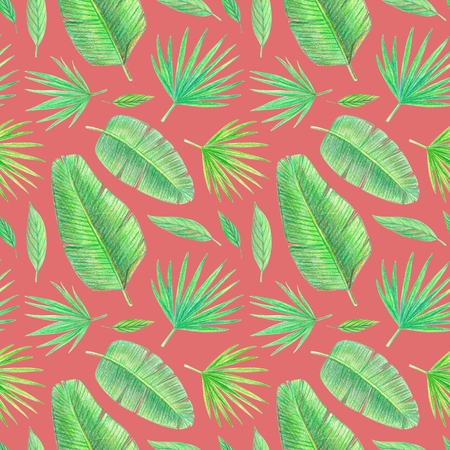 hand drawing tropical plants. palm leaves seamless pattern on a red backgroundの写真素材