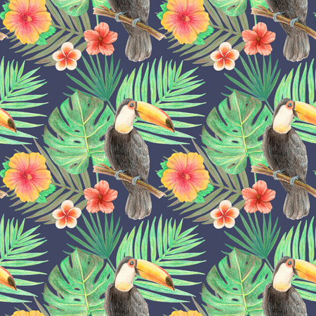 hand drawing tropical plants, flowers and birds. 
toucan in the tropics. seamless pattern on a grey backgroundの写真素材