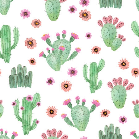 watercolor hand painted cactus. seamless pattern on a white backgroundの写真素材