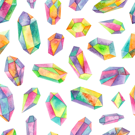 watercolor rainbow iridescent gemstones.seamless pattern on a white backgroundの写真素材