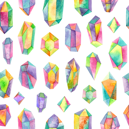 watercolor rainbow iridescent gemstones.seamless pattern on a white backgroundの写真素材