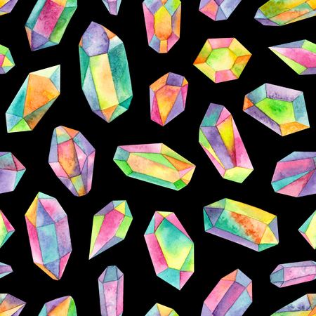 watercolor rainbow iridescent gemstones.seamless pattern on a black backgroundの写真素材