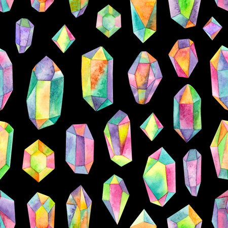 watercolor rainbow iridescent gemstones.seamless pattern on a black backgroundの写真素材