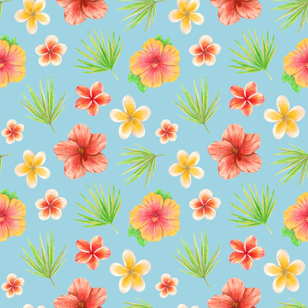 hand drawing tropical leaves and flowers. seamless pattern on a mint backgroundの写真素材